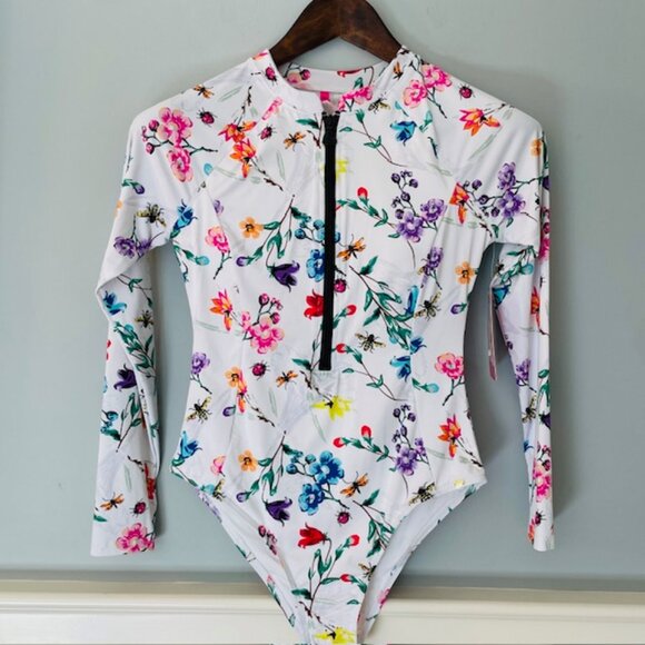 Betsey Johnson Floral Long Sleeve Rashguard Swimsuit Zip Front NWT Medium - Picture 2 of 7